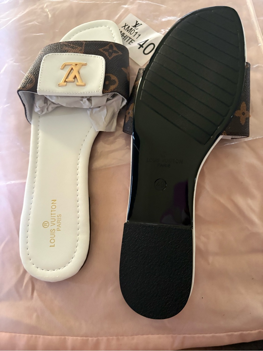 Louis Vuitton White & Brown Monogram Gold-Accent Slide Mules